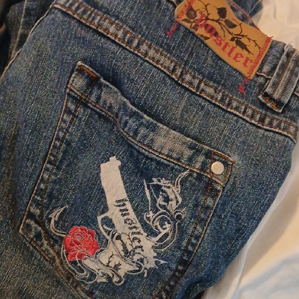 Hustler Hollywood Blue Straight Leg Jeans with Red Rose Detail